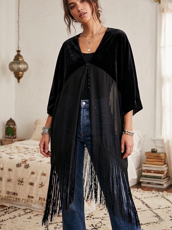 Free People Sweaters - Vintage Free People Black Velvet & Sheer Fringe Poncho Kaftan Oversized One Size